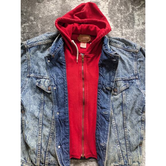 VTG 80s Levis Denim Trucker Jacket Acid Wash Fleece Hood - Medium Made in Canada - Picture 15 of 16